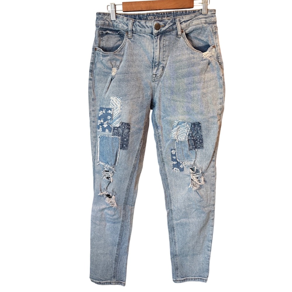Maurices m jeans Womens 10 High Rise Skinny Light Wash Distressed Patchwork Boho